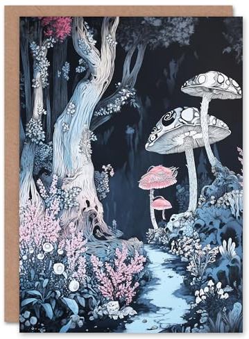 Artery8 Greeting Card Magical Forest Mushroom Wildflower Path Fantasy Blank For Him Or Her Art Birthday Card
