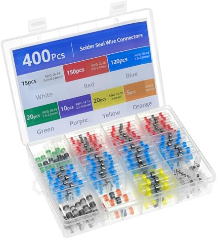 QWORK® 400pcs Conectores a Tope para Soldadura Retráctil (26-8 AWG) - Terminales de Alambre Impermeables con Tubo Termorretráctil 3:1 y Manguito de Soldadura