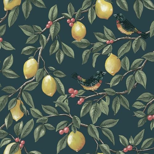 Lemon Leaf Trail Teal Wallpaper - Botanical Birds Berries - Traditional Balanced - Paste The Paper