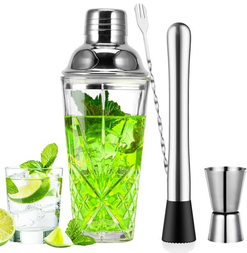 Lot de 4 shakers à cocktail en verre de 400 ml avec verre doseur, mélangeur et presse-purée pour débutants et professionnels