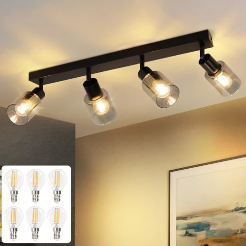 Kowanie Deckenstrahler 4 flammig Vintage: Deckenleuchte Schwarz Spots Deckenlampe Wohnzimmer Industrial Küchenlampe aus Glas und Metall 350°Schwenkbar für Küche inkl. 4 × E14 2700K Leuchtmittel