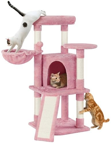 Yaheetech 107cm Cat Tree Cat Climbing Tower with Scratching Posts/Condo/Basket, kitten Activity Centre for Small/Medium Cats, Pink
