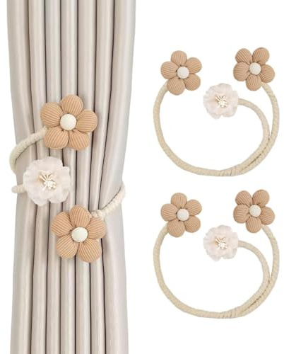 PYEUIFT 2 Stück Vorhang Raffhalter, Gardinenhalter Raffhalter, Verstellbaren Curtain Rope Buckle, Handgestrickte Gardinen Raffhalter, Blumen Gardinen Raffhalter Süße Boho Dekorative Vorhanghalter