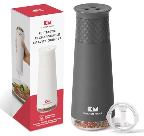Kitchen Mama Rechargeable Gravity Salt and Pepper Grinder: Adjustable Coarseness, Refillable, Electric One-Hand Operated, Lightweight Spice Shaker Dispenser (Metal Gray)