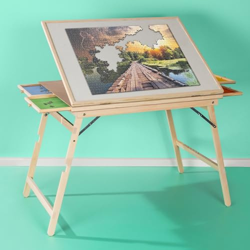 Puzzletisch Puzzlebrett mit 4 Schubladen, 89,5 x 69 x 74,5 cm, für 1500 Teile, Holz, Klappbare Beine