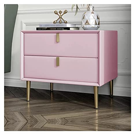 Moderner Nachttisch aus Kunstleder, Rosa, moderner Nachttisch für Mädchen und Frauen, Nachttische aus Holz mit 2 Schubladen mit goldenen Tischbeinen, für Wohnzimmermöbel, Schlafzimmer