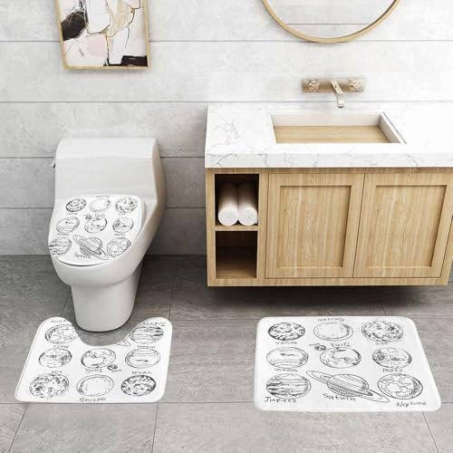 QRFASFZO 3 Stück Badematten und WC Vorleger Microfaser Weiches Badteppich badvorleger rutschfest Waschbar Badezimmerteppich Set,Gekritzel, Planeten des Sonnensystems Sonne Merkur Erde Mond