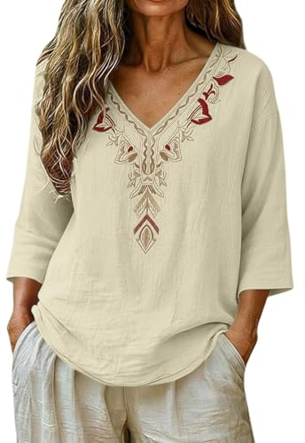Uwdiohq Chemises à Fleurs Style bohème pour Femmes, col en V, Manches Longues, boutonnées, décontractées et Amples Chemisier Mousseline Grande Taille Chemisier Blanc Femme Haut Blanc Femme Chic