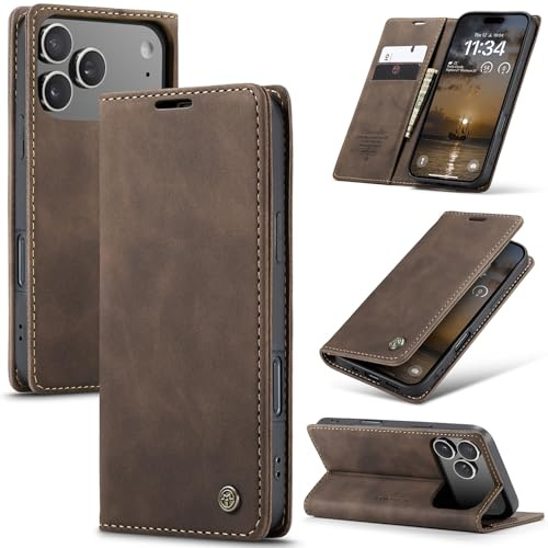 Cracedily for iPhone 17 Pro Case, Wallet Case Flip Leather with Card Holder Magnetic Closure Shockproof Kickstand Protective Phone Cases Cover for iPhone 17 Pro, Coffee