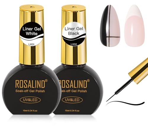 ROSALIND Gel Liner UV Nagellack 2 Farben Weiß Schwarz Liner Nail Art 10ML | Schwarz Weiß Gel Liner Nail Art Set für Nageldesign, UV LED Malerei Zeichnen DIY Drawing Liner Gel für French Maniküre