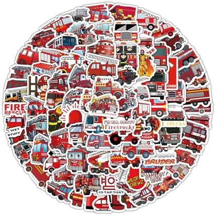 Nurila Feuerwehr Aufkleber Set,100 Stück Wasserfeste Feuerwehrauto Sticker, Cartoon Feuerwehrfahrzeug Aufkleber Für Auto Laptop Computer Skateboard Motorrad Erwachsene Und Kinder