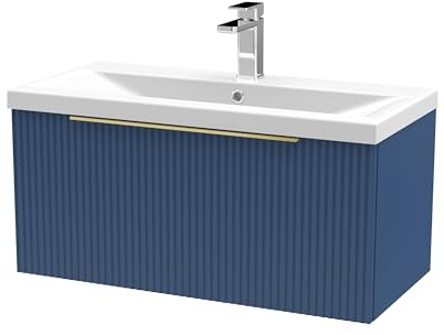 Balterley Vanity Unit with Basin Wall Hung, Single Drawer Soft Close with Mid Edge Sink and Handle, Bathroom Vanity Units with Basin, Fluted Front Sink Cabinet - 810 x 390 x 399mm (Blue)