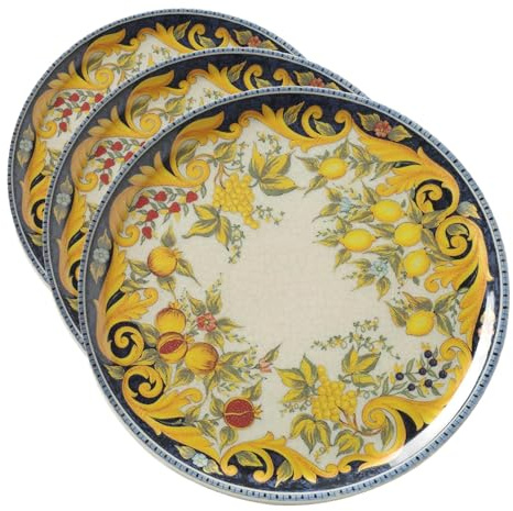 HENDI Assiette à pizza ronde en porcelaine émaillée avec motif Barocco, assiette pour servir la pizza, compatible lave-vaisselle et micro-ondes, ⌀310mm, multicolore (Lot de 3)