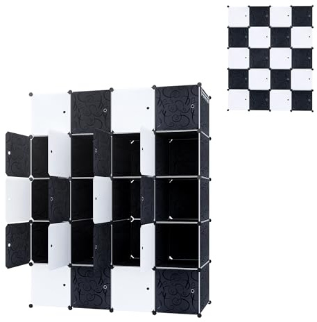 TATIVALO DIY Regalsystem Kleiderschrank Set aus 20 Würfeln Schwarz | Türen Steckregal Garderobenschrank aus Kunststoff PP Modular Aufbewahrung für Kleidung, Schuhe, Bücher, mit 2 Kleiderstange
