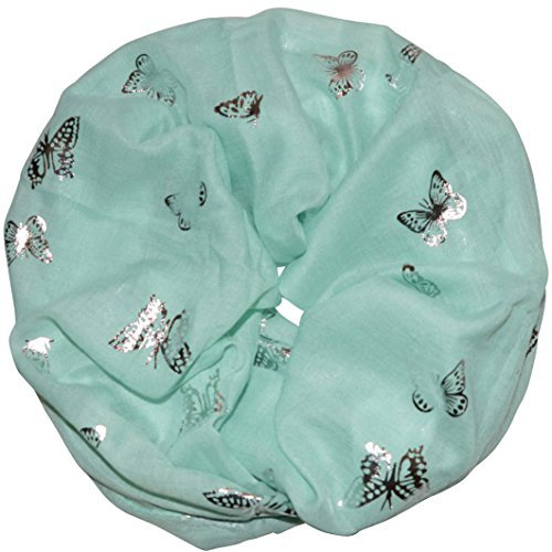 thb Richter Damen Loopschal Schlauchschal Rundschal mit Schmetterlinge Butterflies Muster Metallic Glitzer Glanz Schal Rundschal Weich Soft Butterfly Schmetterling (Mintgrün)