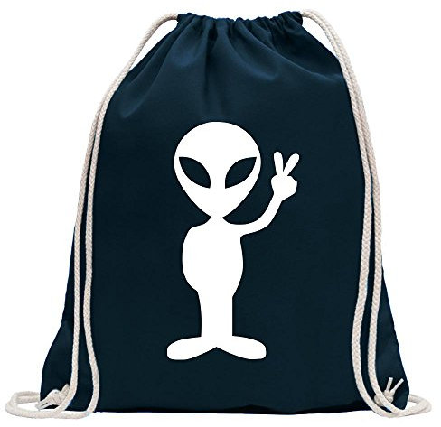 Kiwistar - Turnbeutel - dunkelblau - Alien Peace - Fun Rucksack Sport Beutel Gymsack Baumwolle mit Ziehgurt