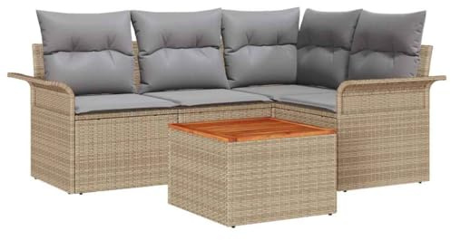 Foknhdi Beige Gartensofa Set 5 TLG Poly-Rattan modulare Lounge Eckbank wetterfest 55 x 55 cm Gartentisch inkl Kissen Modernes Design Robust für Terrasse Balkon Outdoor