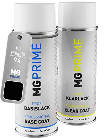 MG PRIME Bomboletta di Vernice per auto per Piaggio 94 / NN Nero Lucido +1K | Schwarz Lucido, Kit vernice di base + trasparente, bombolette spray 400ml