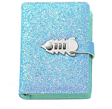 A6 Nachfüllbares Binder-Notizbuch, PU-Leder, abschließbar, Tagebuch, Tagebuch, Skizzenbuch, Tagesplaner, Agenda, Notizblock mit Code-Schloss, Stifthalter und Kartenfächern (Glitzer Blau)