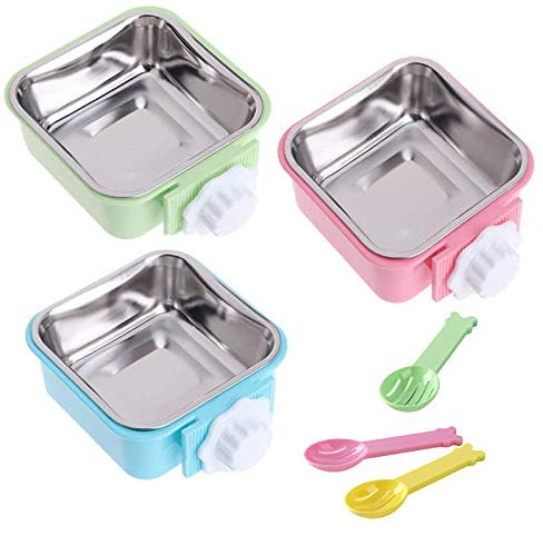 kathson 3PCS Crate Dog Bowl Hanging Cage Food Bowl Stainless Steel Removable Pet Food Spoon Water Feeder Bowls Coop Cup for Puppy Cat Bird Rabbit