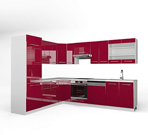 Vicco Eckküche Fame-Line, Bordeaux Hochglanz/Weiß/Weiß, 227 x 60 cm ohne Arbeitsplatte