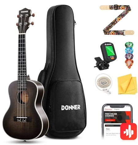 Donner Concert Ukulele Mahogany 23 inch, Gradient Color Design, Professional Ukelele Beginner Kit for Adults Kids with Online Lesson Bag Aquila String Pick Tuner Strap Cloth (DUC-100, Gradient Black)