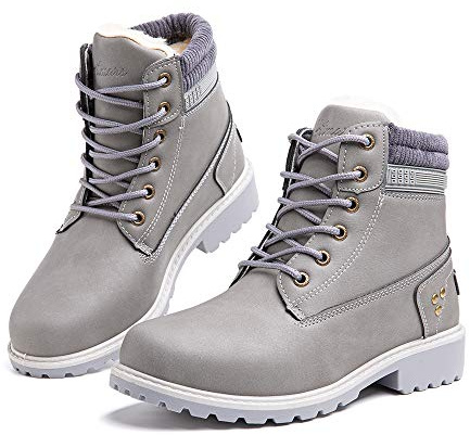 Hitmars Stivali Invernali Donna Bassi Caldi Foderato di Pelliccia Scarpe da Inverno PU Vamp Stivaletti da Neve Stringate Piatto 3.2 CM 3 Grigio Taglia 40 EU