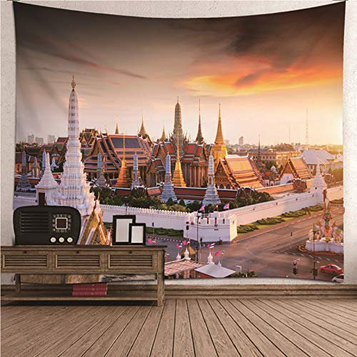 EHOMERY Wandteppich Indie Aesthetic Wanddekoration Hängen Weiß-Orange Bangkok-Stadt Wandteppich Minimalistisch Wandtuch Länglich Wandbehang Wandschmuck Groß Schlafzimmer Wohnzimmer 200X200Cm