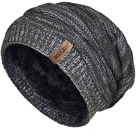 RockJock Mens Winter Knitted Slouch Beanie with R80 Thermal Insulation and Cosy Fleece Lining-Grey