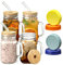Mason Jars with Handle, Glass Mugs with Straws and Bamboo Lids & Colorful Airtight Lids 4pcs Set, 16oz Drinking Glass Cups, Travel Tumbler for Iced Coffee, Smoothie, Overnight Oats Containers