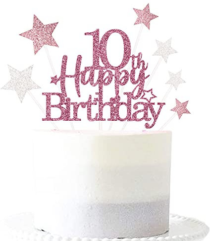 Glittery 10th Happy Birthday Cake Topper with Star,10 Birthday Cake Toppers Party Decorations Party Supplies for Boys Girls Rose Gold