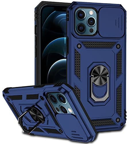 Hitaoyou iPhone 12 Pro Max Case with Camera Cover & Kickstand, Slide Lens Protection + 360° Rotate Ring Stand, Impact-Resistant, Shockproof, Protective Bumper,Covers for iPhone 12 pro max Blue
