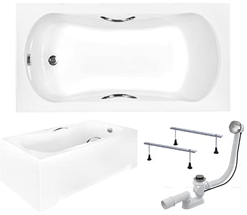 Baignoire BADLAND ARIA PLUS - Rectangulaire - 170 x 70 cm - Kit complet avec tablier en acrylique blanc + pieds et bonde automatique chromée exclusive - Fabriqué en UE - 4 en 1