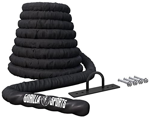GORILLA SPORTS® Battle Rope - 9m/12m/15m Länge, Ø 38mm/50mm, inkl. Wandhalterung, Nylon, Schwarz - Schlacht Seil, Trainingsseil, Sportseil, Fitnessseil, Schlachtseil, Schwungseil, Muskelaufbau