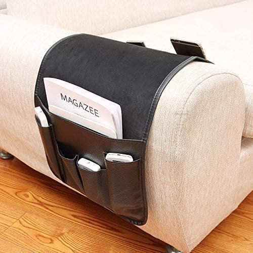 ONLY-HOT Anti-Slip Leather Sofa Armrest Organizer Couch Remote Holder Armchair Recliner Bedside Caddy with 6 Pockets for Magazines, Books, TV Remote Control, Phone, Glasses