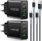 Chargeur USB-C 35W 4 Ports, Charge Rapide PD/QC 3.0 avec 2 Câbles 6,6 Pieds, Compatible Samsung/LG/Google Pixel 6/Tablettes, Bloc Mural Compact -Noir