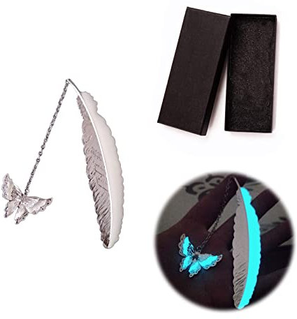 WOOXDYUK Vintage Feder Metall Lesezeichen, Retro, leuchtet im Einzigartiges Glow in The Dark Lesezeichen Geschenk für Männer Frauen Liebhaber(Silberner Schmetterling)