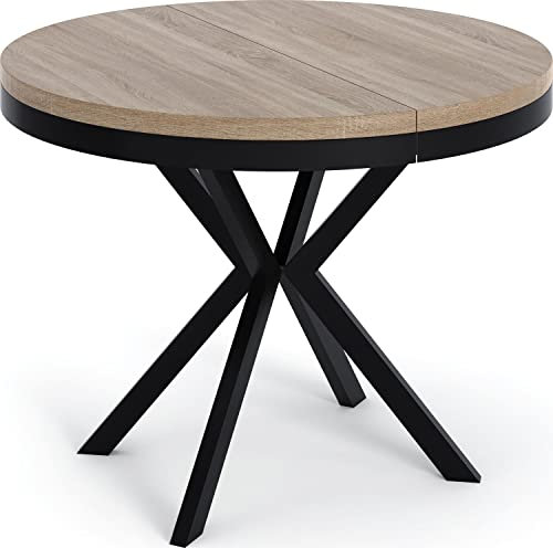 WFL GROUP Runder Ausziehbarer Esstisch - Loft Style Tisch mit Metallbeinen - 100 bis 180 cm - Industrieller Tisch für Wohnzimmer - Kompakt - 120 cm - Sonoma Eiche