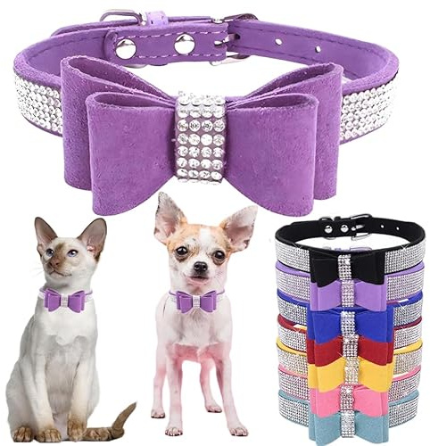 Bowtie Diamante Dog Collar, Pink Dog Collar Adjustable Girls Female Cute Sparkling Crystal Diamond Puppy Collars for Small Medium Large Dogs Light Purple XXS
