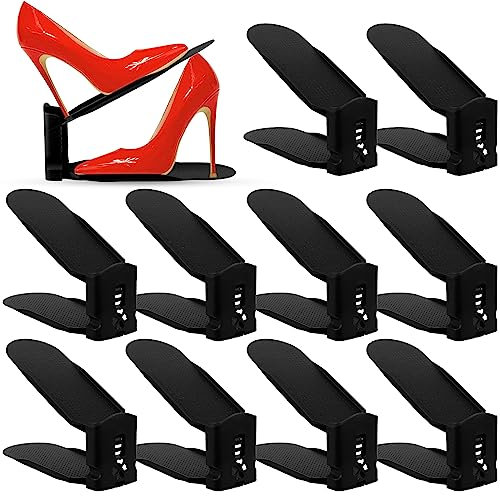 BEYAOBN Organizadores de Zapatos 10Pcs Soporte de Calzado de Altura Ajustable Zapatos Antideslizante de Polipropileno, Zapatos Ahorra Espacio, organizador de zapatos de doble cubierta(negro)
