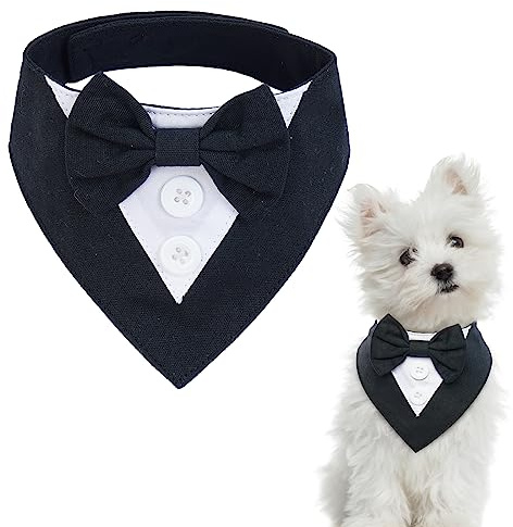 Kuoser Hundehalstuch, Halstuch Hund, Hunde Smoking Bandana, Schwarz XS | Verstellbares Hundehalstuch mit Fliege im Smoking-Stil für kleine Hunde, ideal für Hochzeit, Geburtstag & Party