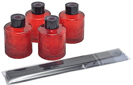 Kidlearn Set of 4 100ml Beautiful Premium Embossed Colored Glass Reed Diffuser Bottles with 30pcs Fibre Sticks (Red)