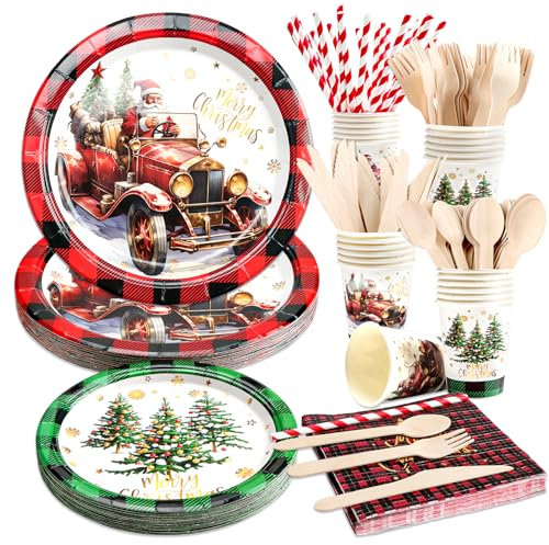 Kalolary 192Pcs Christmas Tableware Set, Christmas Paper Plates and Napkins Sets Red Buffalo Plaid Pickup Truck Christmas Tree Patterns Xmas Party Decorations Dinnerware Set, Serves 24