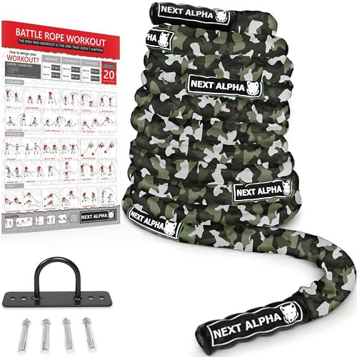 Next Alpha Battle Rope - Cuerde de Batalla - 38mm/50mm, 9m/12m/15m - Funda de Protección - Anclaje a La Pared