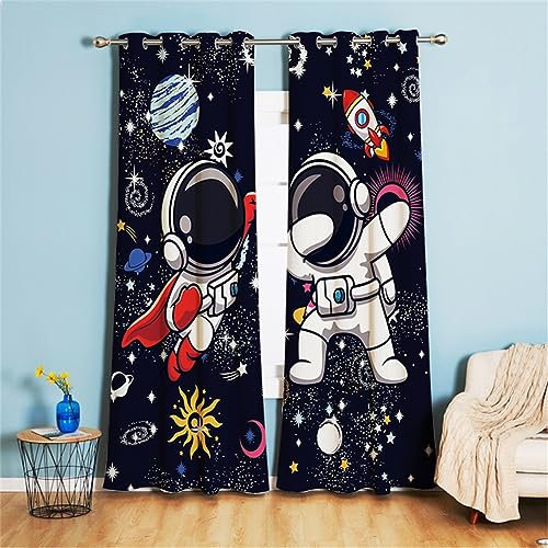 Koudi Astronauten Vorhänge Weltall Sternenhimmel Universum Muster Gardinen mit Ösen für Kinderzimmer, Babyzimmer 160 x 107cm (H × B)