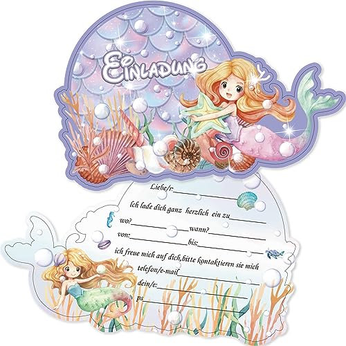 Tixlux 12 Einladungskarten zum Kindergeburtstag, 14 x 9 cm Meerjungfrau Einladungskarten, Geburtstagseinladungen für Mädchen und Jungen, Geburtstagseinladungen Kinder Geburtstagsfeier Kinderparty