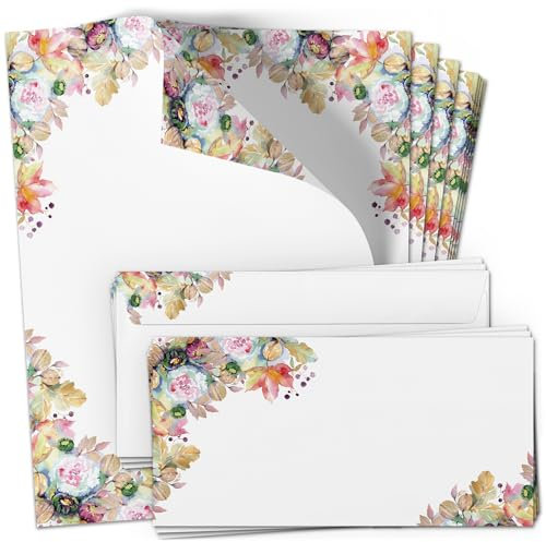 50 Briefpapier und Briefumschlag SET | Herbstblumen Blumen Romantisch | Papier und Umschlag mit Design-Motiv bedruckt | 90 g/m²