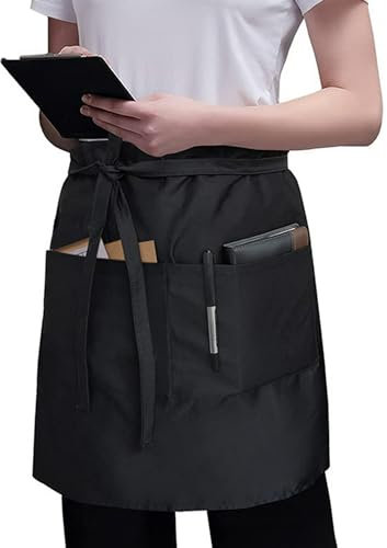 Anwangda Kochschürze Küchenschürze, Wasserdichte Schürze, Grillschürze mit 2 Taschen, Küche Halbe Schürze Taillenschürze, Herren Kochschürze Damen Küchenschürze für Küche, Restaurant, café(Schwarz)
