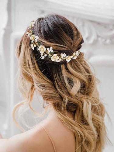 IYOU Bridal Wedding Hair Vines Gold Flower Headband Leaf Pearl Headpiece Bridesmaid Bride Hair Accessories for Women