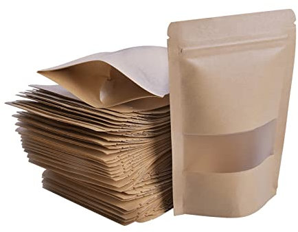 Sacchetti di Carta Kraft con Finestra 100 Pezzi, Buste Carta Alimenti Sacchetto Carta Kraft Autosigillante con Chiusura a Zip per Frutta Secca Biscotti Caramelle e Caffè in Grani